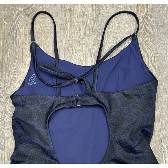Athleta Swim Skinny Strap One Piece Swimsuit Sz XS Animal Print Black Blue - Picture 5 of 11